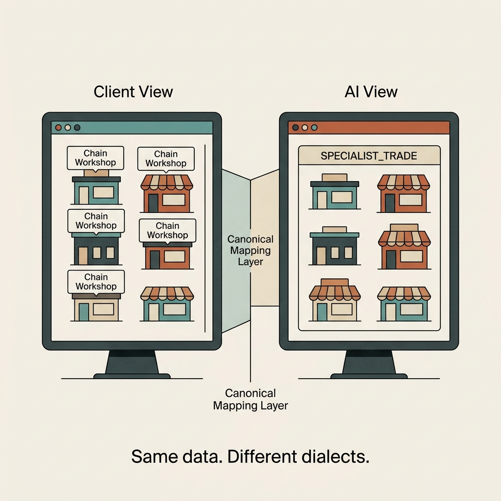Client-Neutral SaaS and the Invisible Moat of Canonical Mapping — Infoscend Knowledge Centre essay illustration